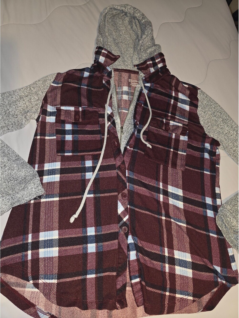 No Boundaries Plaid Full Zip Hooded Hoodie Burgundy Gray - XL